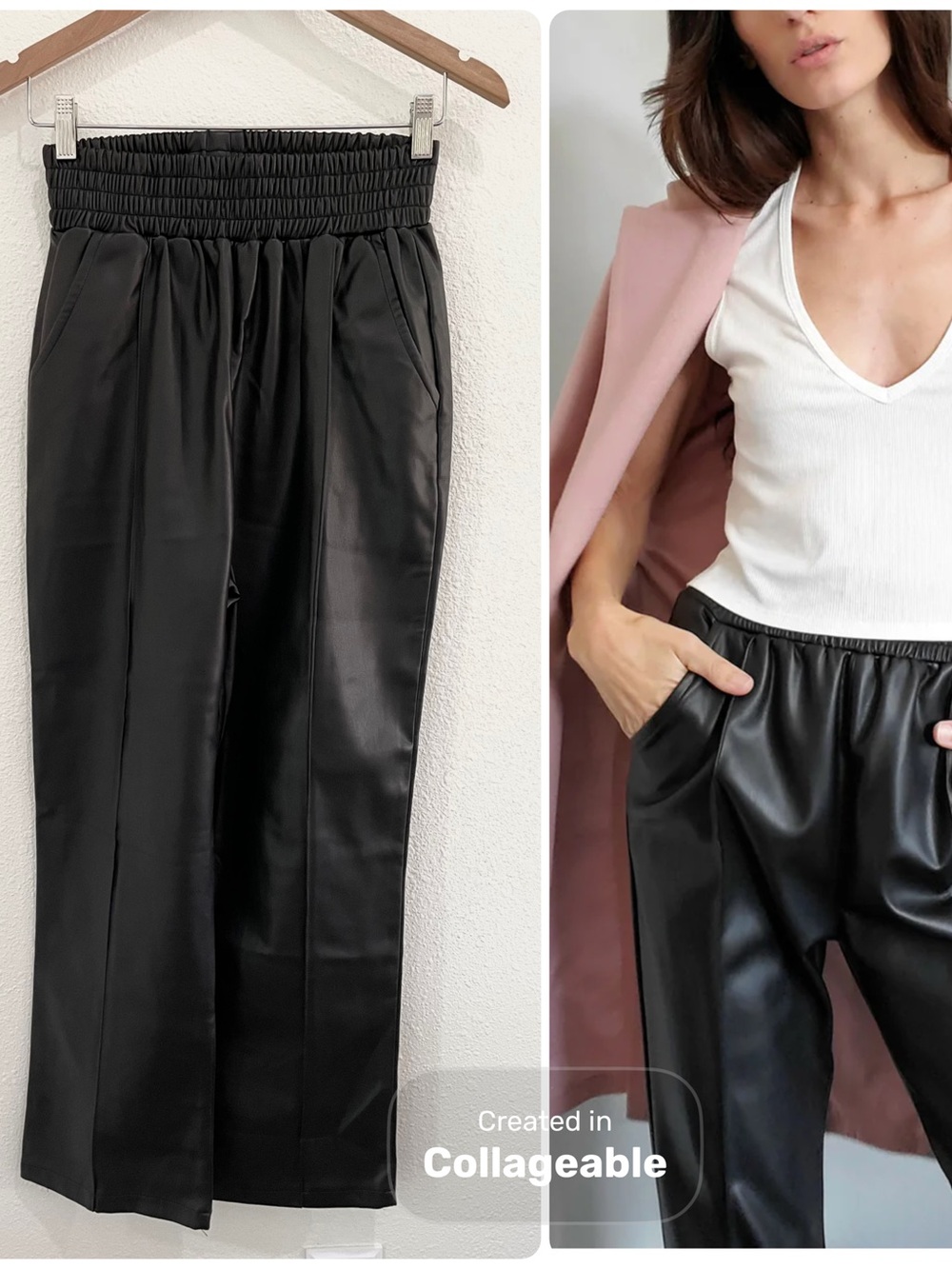 LBLC Vegan Leather Seamed Trouser Pull On Contemporary Stretch Black Straight